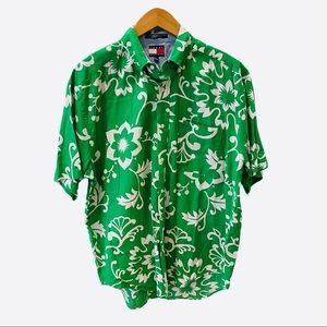 Tommy Hilfiger Green White Linen Hawaiian Shirt M Short Sleeve Button Down M